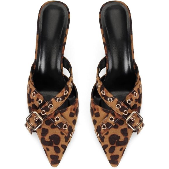 Women's Leopard Print Pointed Closed Toe Dressy Bow Heel Vintage Heeled Mules - Picture 6 of 7